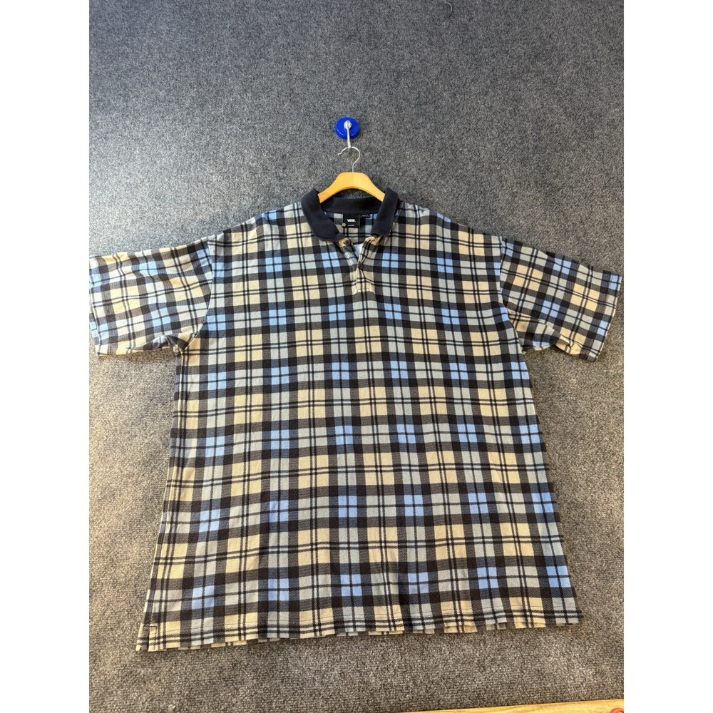 Vans Loose Fit Polo Shirt Mens 2XL Blue Gray Plaid Short Sleeve Skate Casual Y2K